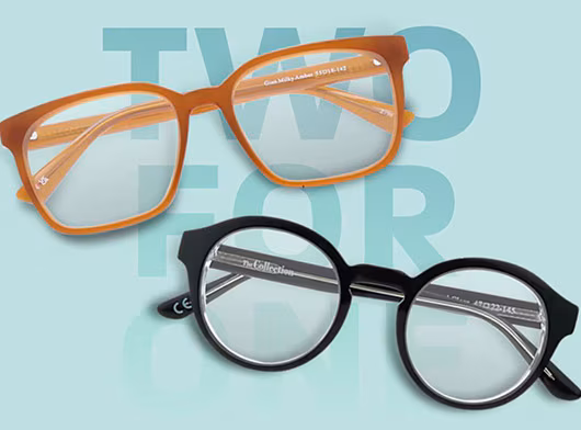 Two pairs of glasses, one orange rectangular and one black round, on a teal background with 'TWO FOR' text
