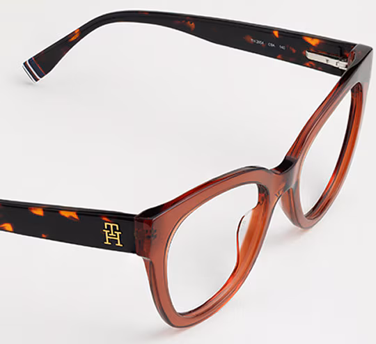 Reddish-brown cat-eye glasses with patterned arms