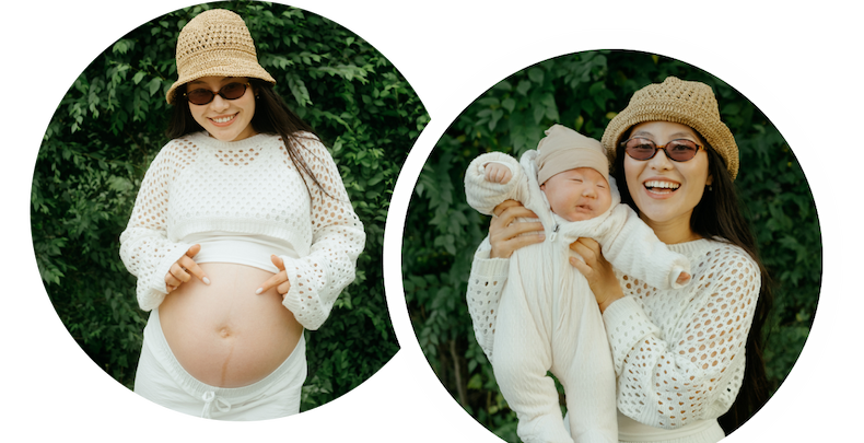 Pregnant mom showing her belly | Same mom showing her newborn baby