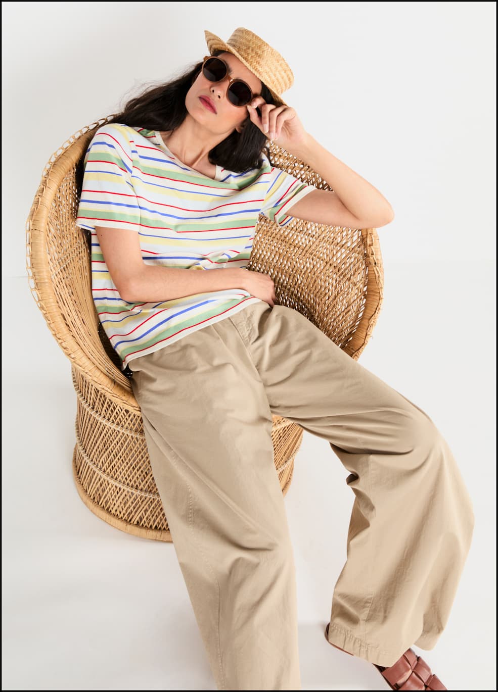 Model wearing the Modern Rainbow Stripe tee