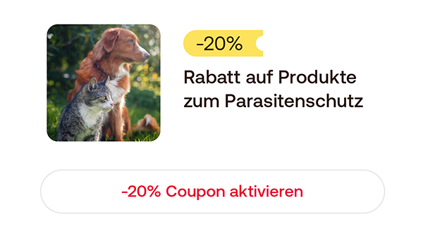 Gutschein‑Grafik mit Foto von Hund und Katze und Hinweis „–20 % Rabatt auf Produkte zum Parasitenschutz“ sowie einem „–20 % Coupon aktivieren“-Button.