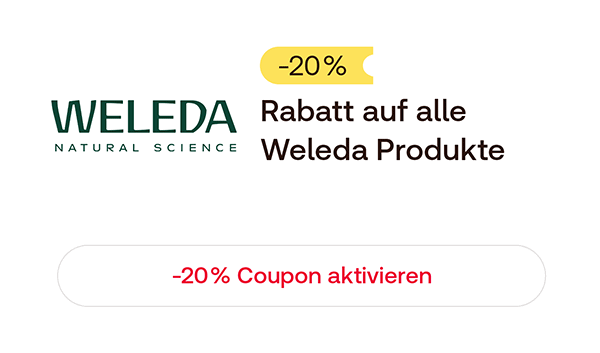 Gutschein‑Grafik mit Weleda‑Logo und Hinweis „–20 % Rabatt auf alle Weleda Produkte“ sowie einem „–20 % Coupon aktivieren“-Button.