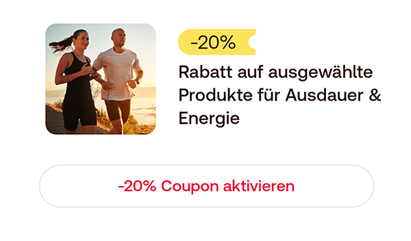 Gutschein‑Grafik mit zwei laufenden Personen und Hinweis „–20 % Rabatt auf ausgewählte Produkte für Ausdauer & Energie“ sowie einem „–20 % Coupon aktivieren“-Button.