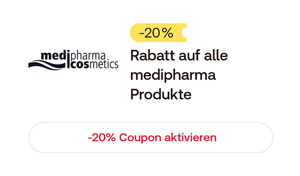Gutschein‑Grafik mit medipharma‑cosmetics‑Logo und Hinweis „–20 % Rabatt auf alle medipharma Produkte“ sowie einem „–20 % Coupon aktivieren“-Button.
