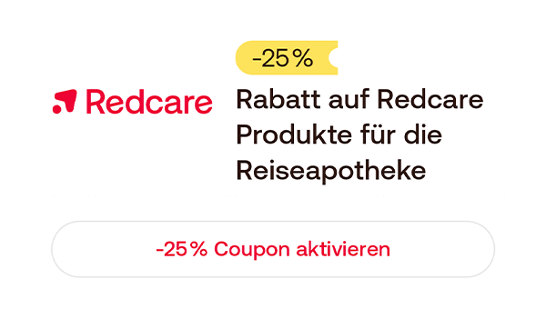 Gutschein‑Grafik mit Redcare‑Logo und Hinweis „–25 % Rabatt auf Redcare Produkte für die Reiseapotheke“ sowie einem „–25 % Coupon aktivieren“-Button.