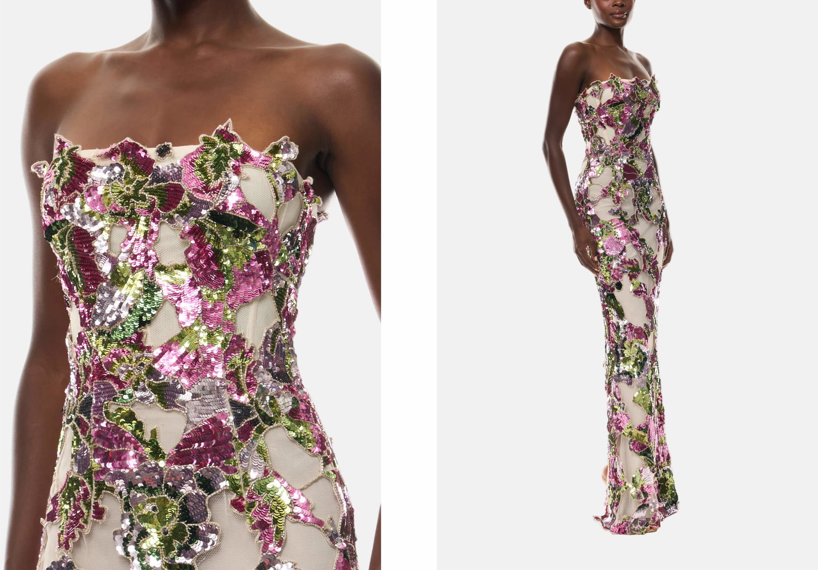 Detail of tulip sequin embroidery on the left side and the right side is a full length image of the gown. 