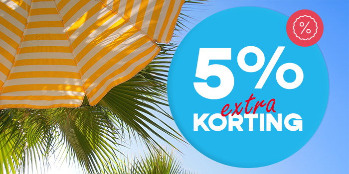 Yellow-striped beach umbrella and palm leaves under a blue sky with a round badge reading '5% extra discount'