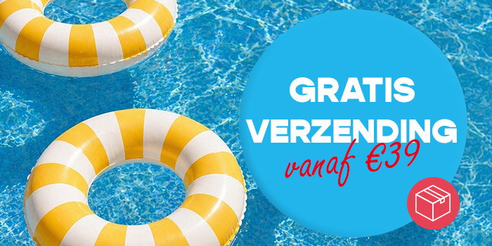 Two yellow-and-white pool rings floating in clear blue water with a badge reading “Free shipping from €39”
