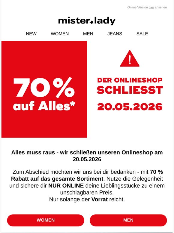⏳ Online‑Shop schließt am 20.05. –  70 % auf ALLES!