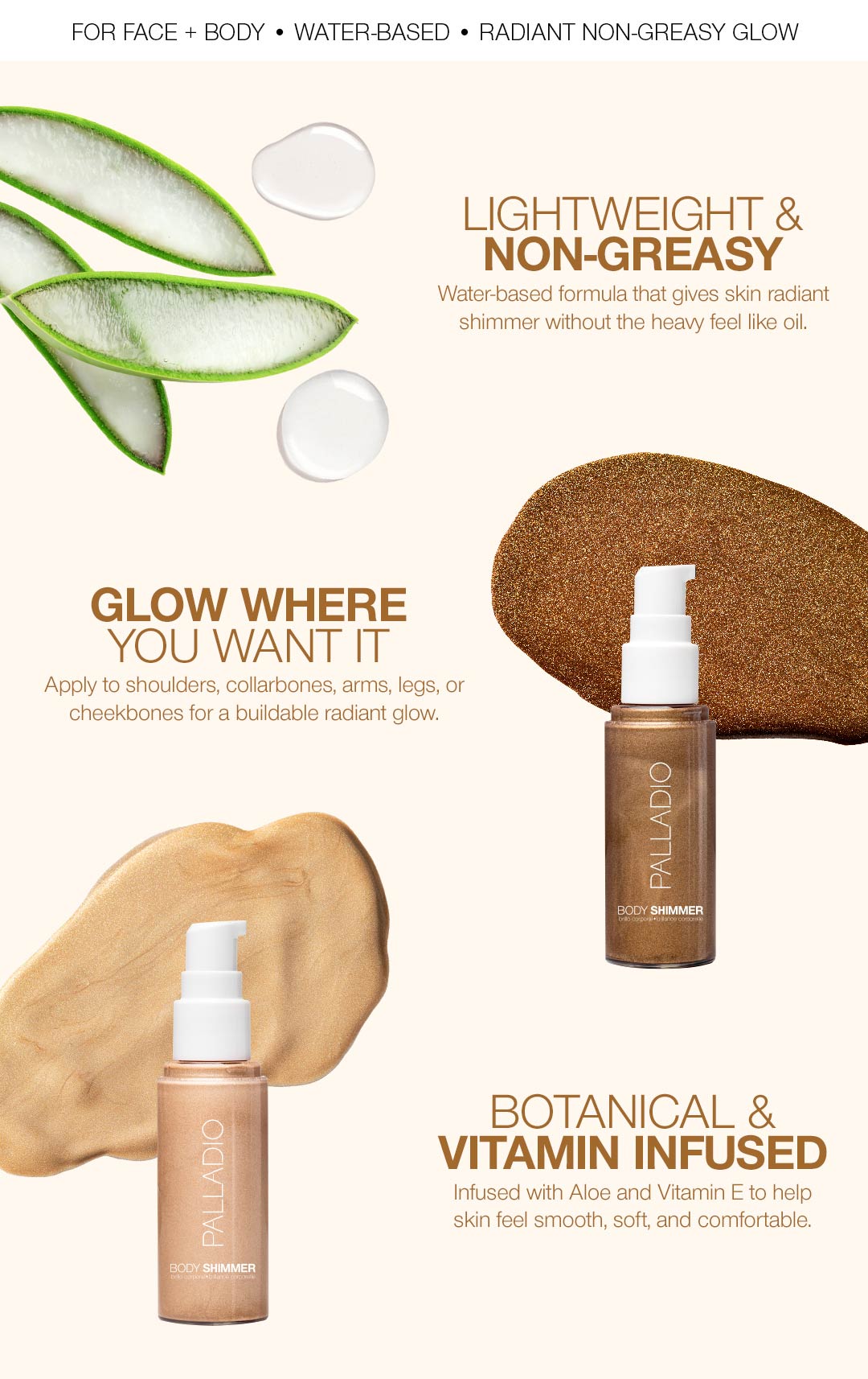 For Face + Body • Water-based • Radiant Non-Greasy Glow