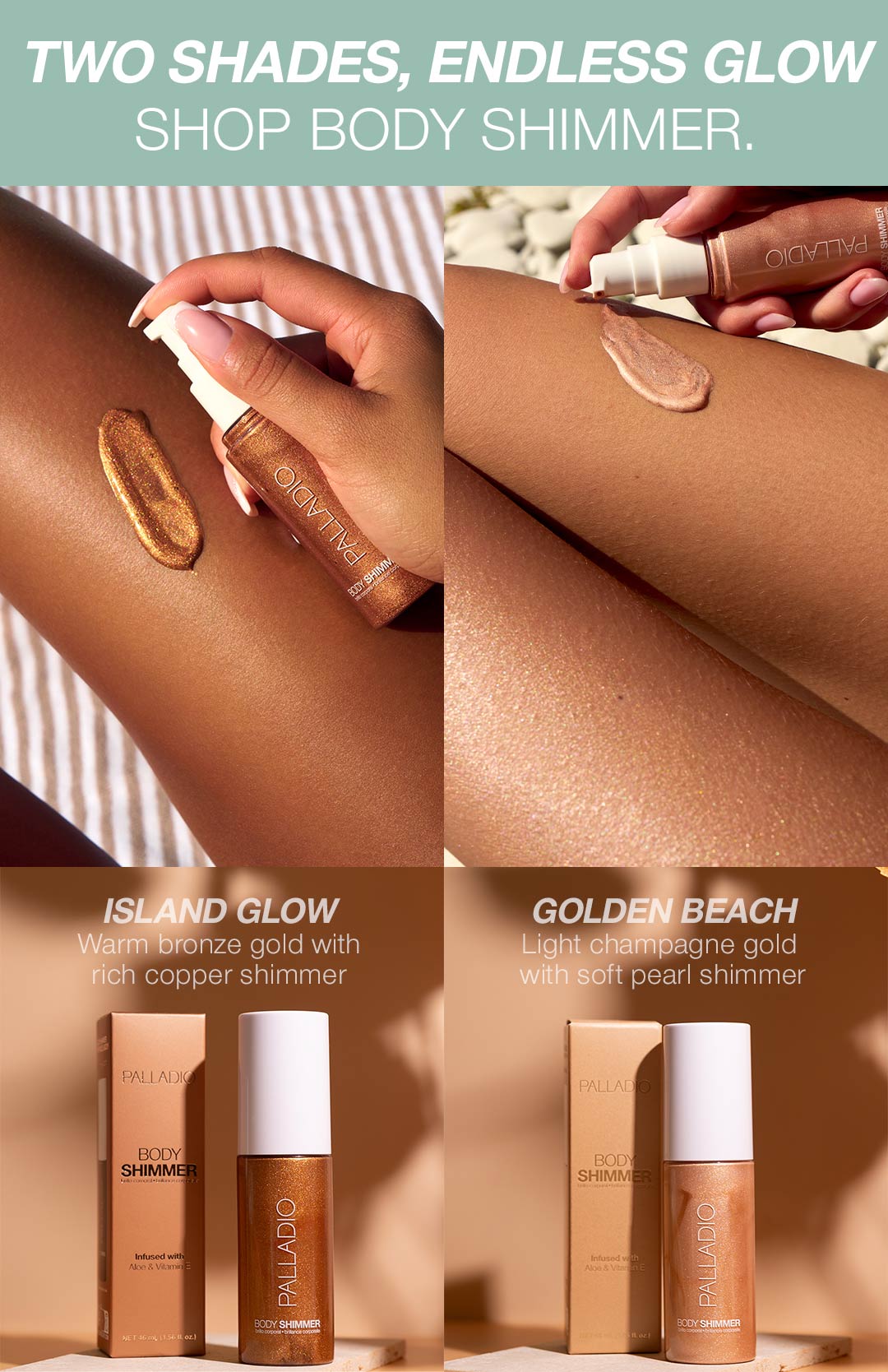 Swatch images of the 2 new shades of Body Shimmer Island Glow, and Golden Beach