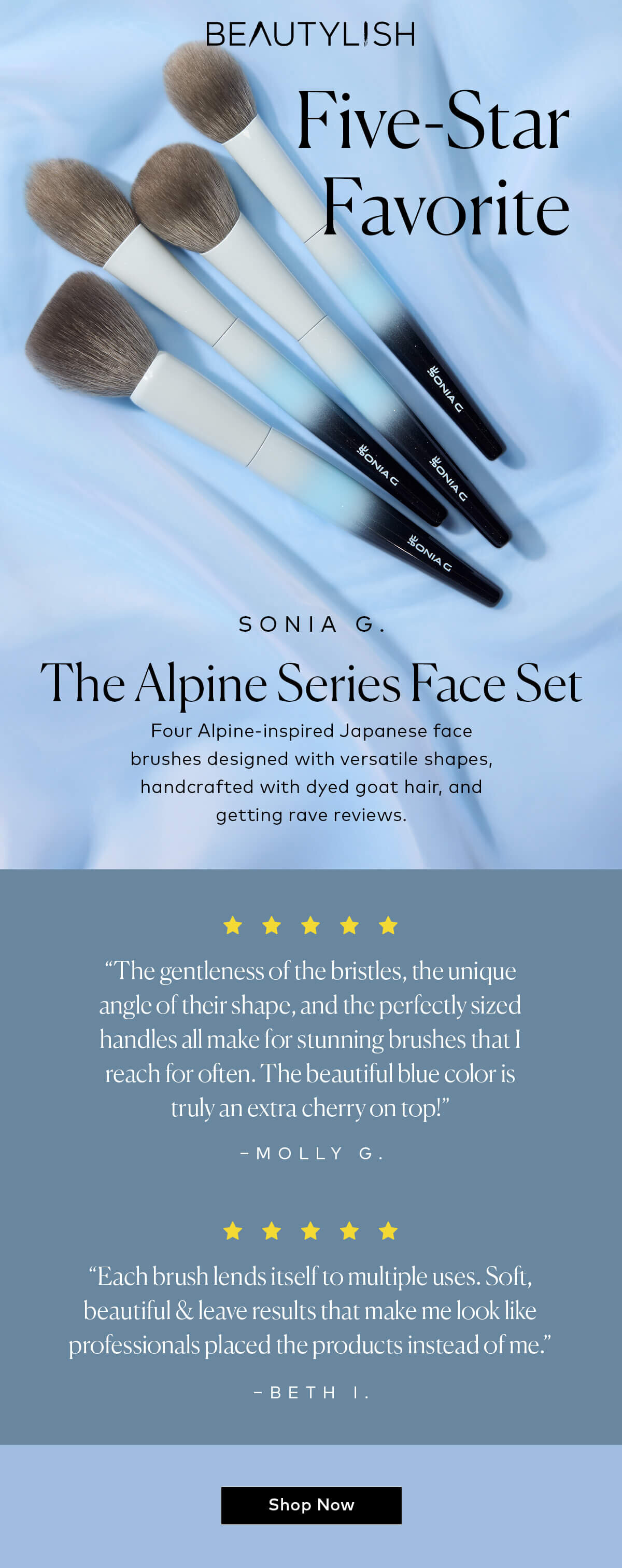 Four Alpine-inspired Japanese face brushes designed with versatile shapes, handcrafted with dyed goat hair, and getting rave reviews. See why here at Beautylish.com