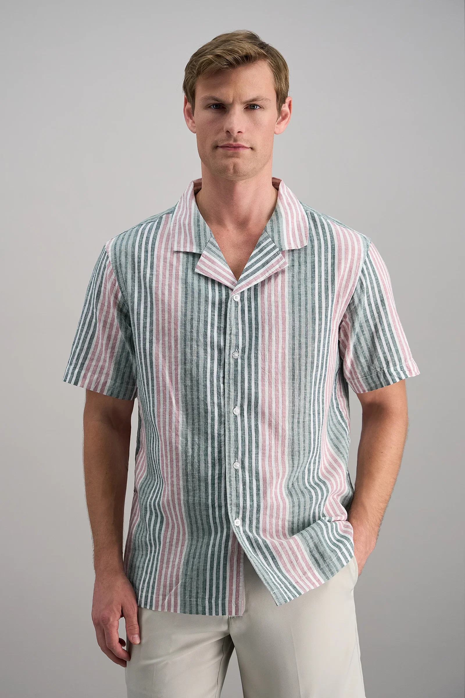 Image of Short Sleeve Linen Stripe Camp Shirt