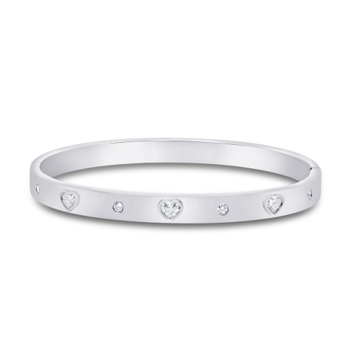 Mayors 18K White Gold 0.14cttw Round Cut & 0.54cttw Heart Cut Diamond Station Bangle