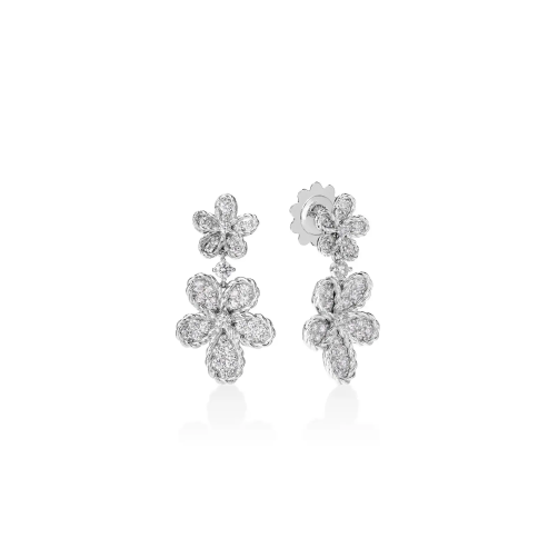 Roberto Coin 18K White Gold Jasmine Pave Diamond Double Flower Drop Earrings
