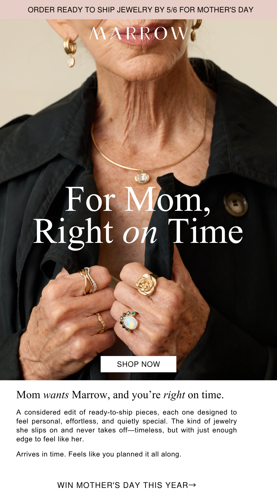 A considered edit of ready-to-ship pieces, each one designed to feel personal, effortless, and quietly special. The kind of jewelry she slips on and never takes off—timeless, but with just enough edge to feel like her.  Arrives in time. Feels like you planned it all along.
