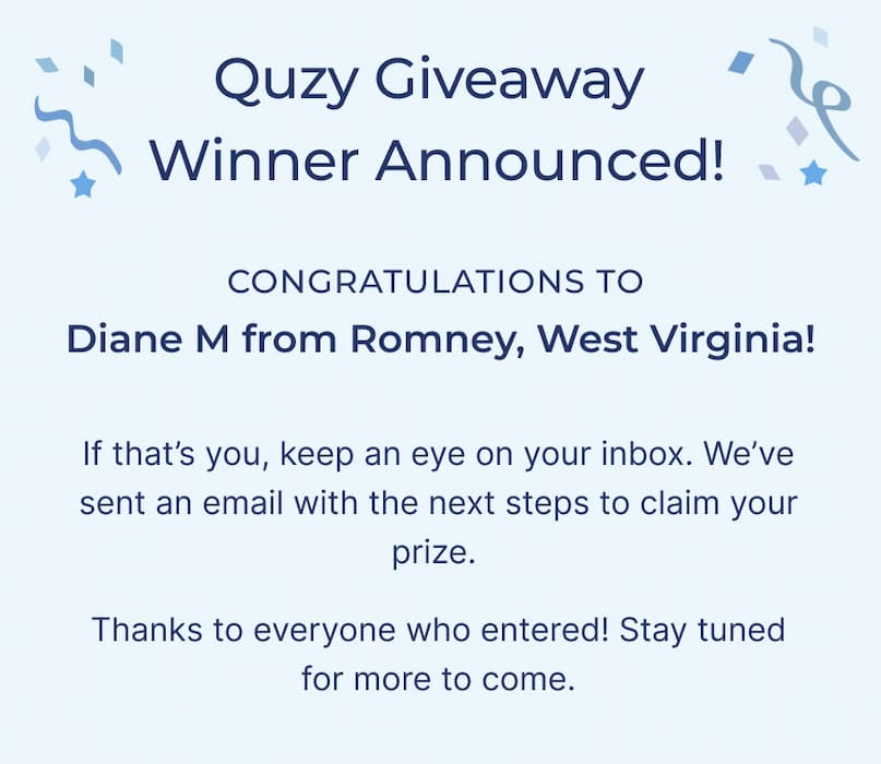 quzy giveaway winner announced