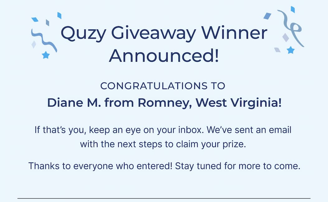 quzy giveaway winner announched