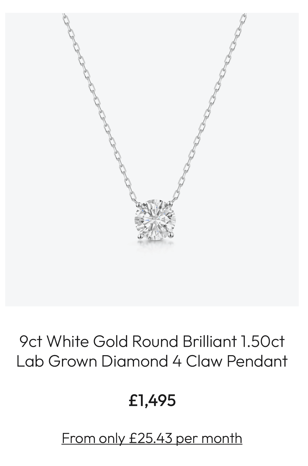 9ct White Gold Round Brilliant 1.50ct Lab Grown Diamond 4 Claw Pendant