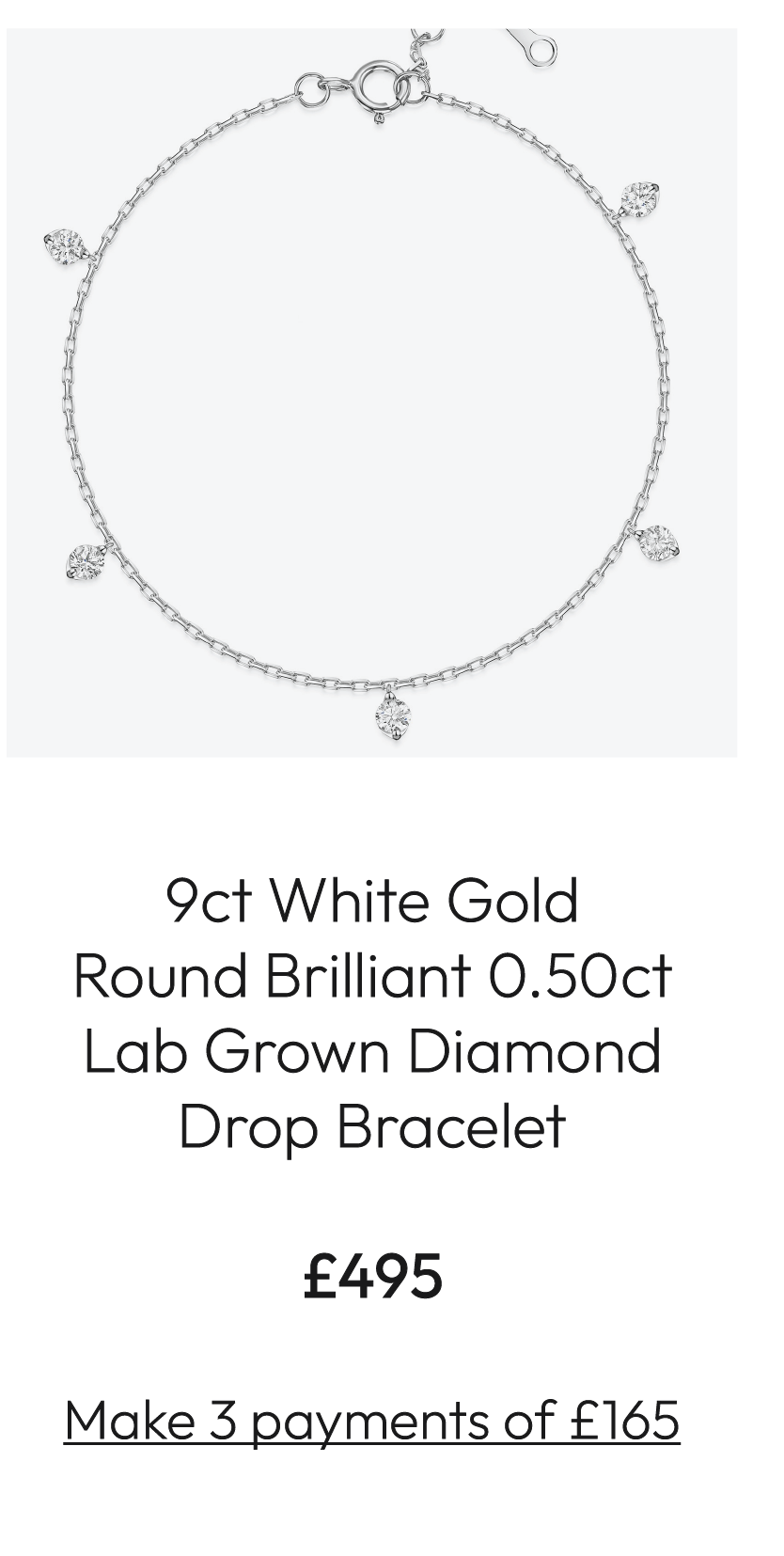 9ct White Gold Round Brilliant 0.50ct Lab Grown Diamond Drop Bracelet