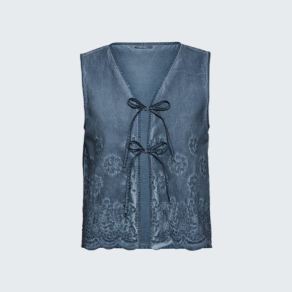 Produktansicht blaue Weste mit Schnürung, reine Baumwolle.
