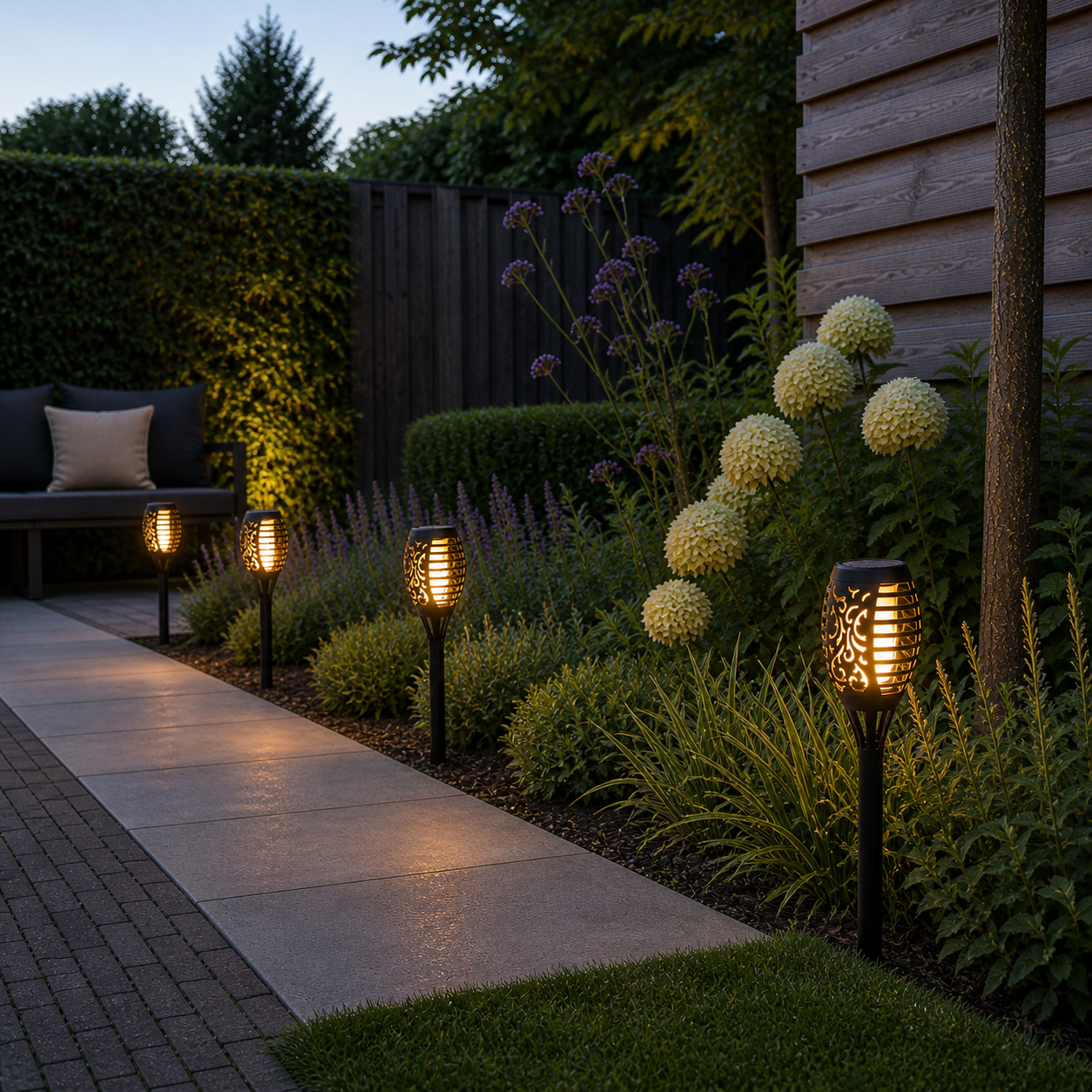 Avon garden torch with flame effect in an atmospheric garden