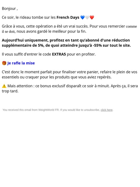 French Days — Dernier jour. Dernier bonus : Jusqu'à -55% 🎁
