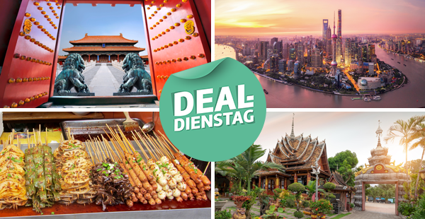 Bild-Collage: Himmelstempel in Peking,Skyline Shanghai, Verkaufsstand mit  Spießen, Tempel in China