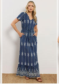Navy Blue Floral Embroidered Cotton Maxi Dress