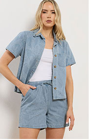 Set Light Blue Cotton Jacquard Denim Shirt & Shorts