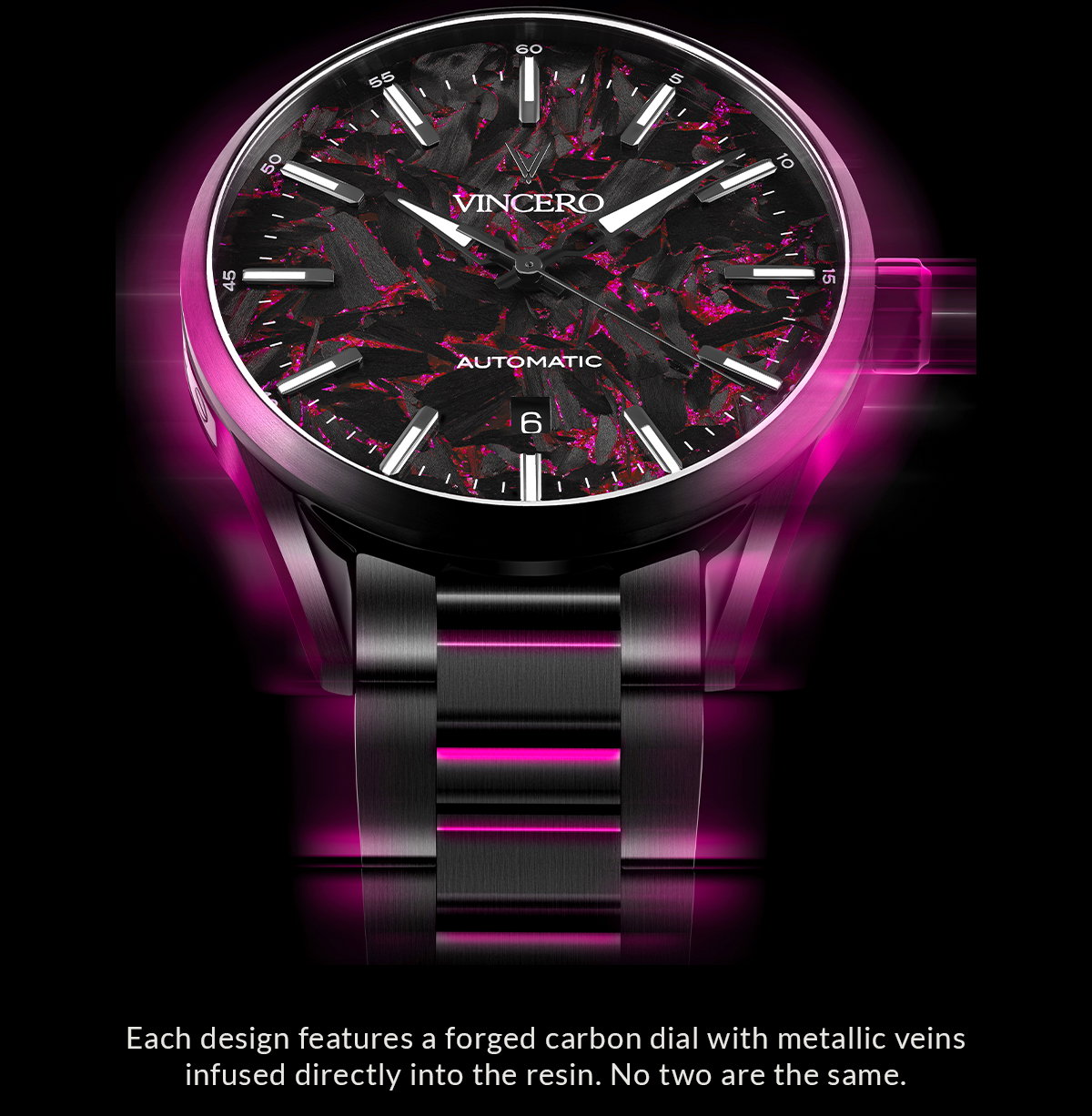 Each design features a forged carbon dial with metallic veins infused directly into the resin. No two are the same.