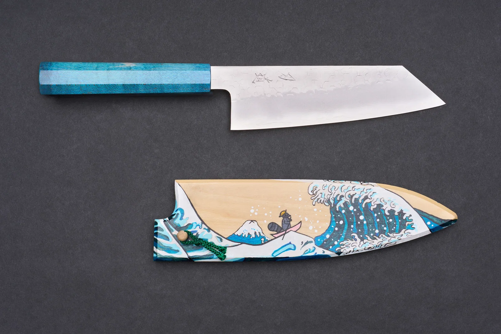 Image of Blue Handle Hado Shiosai Bunka 180mm with Handpainted Saya Set
