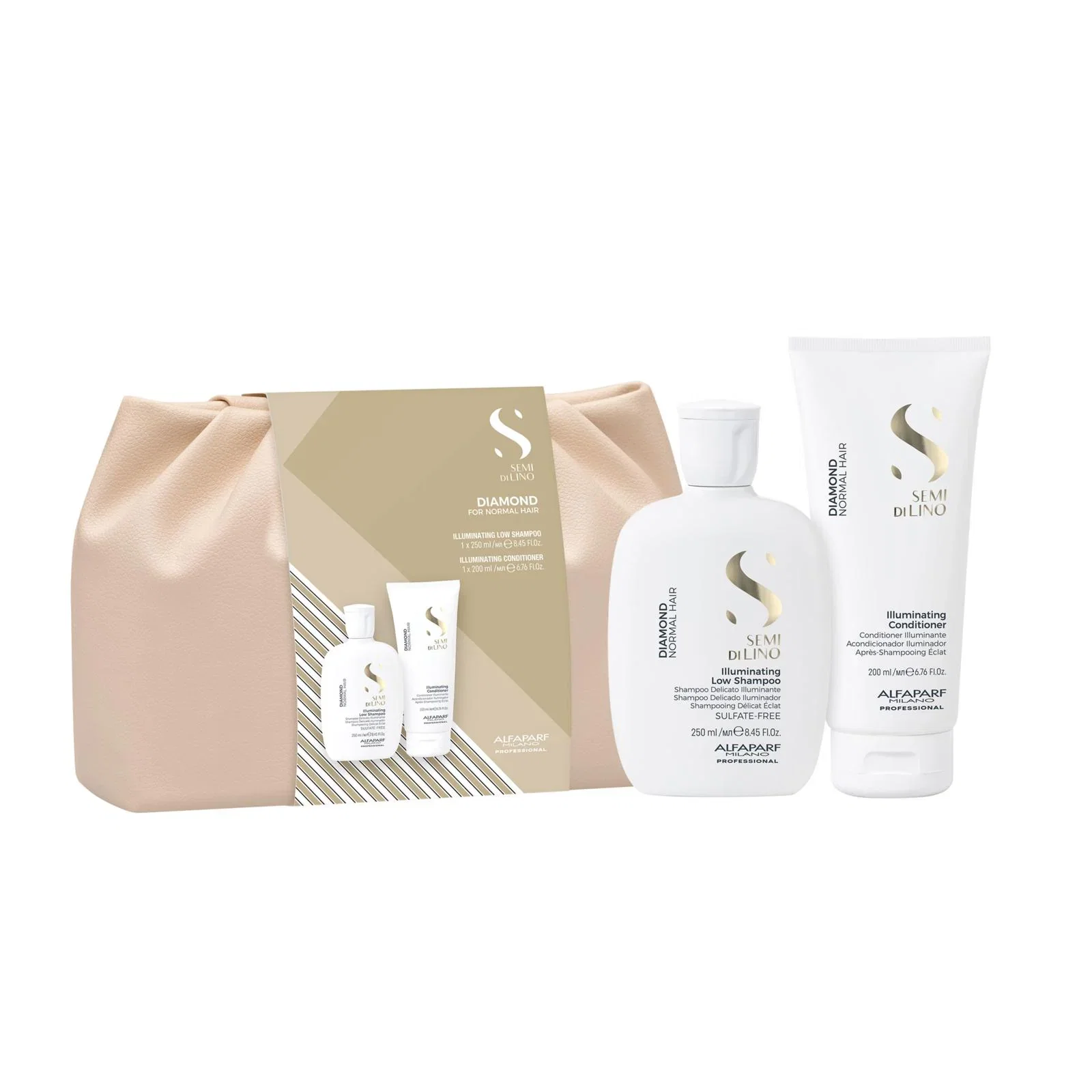 Image of Alfaparf semi di lino Duo Kit CON POCHETTE diamond shampoo 250 ml e conditioner 200 ml - capelli morbidi e luminosi
