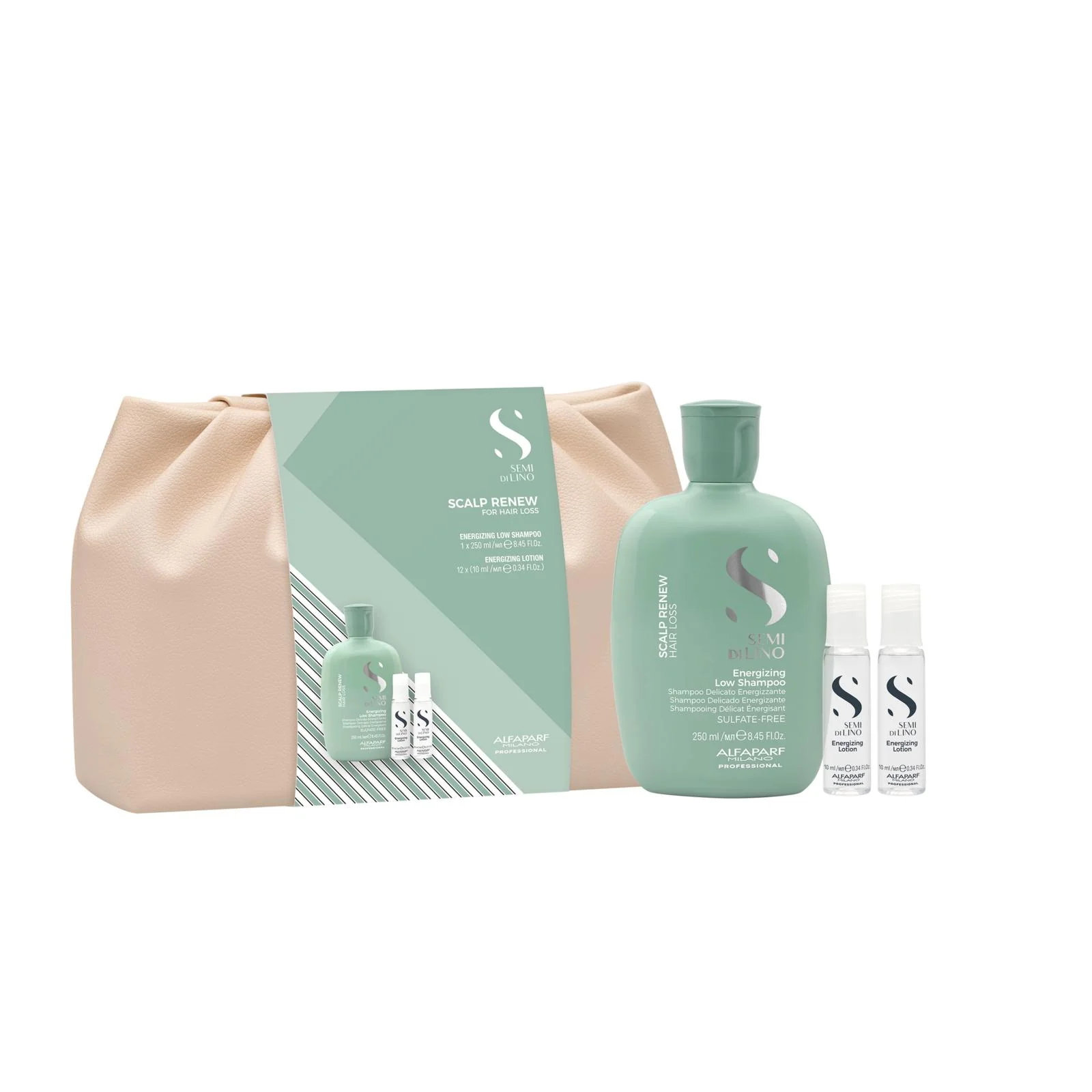 Image of Alfaparf semi di lino Duo Kit CON POCHETTE scalp renew shampoo energizing 250 ml e lozione 12 fiale x 10 ml - trattamento anticaduta