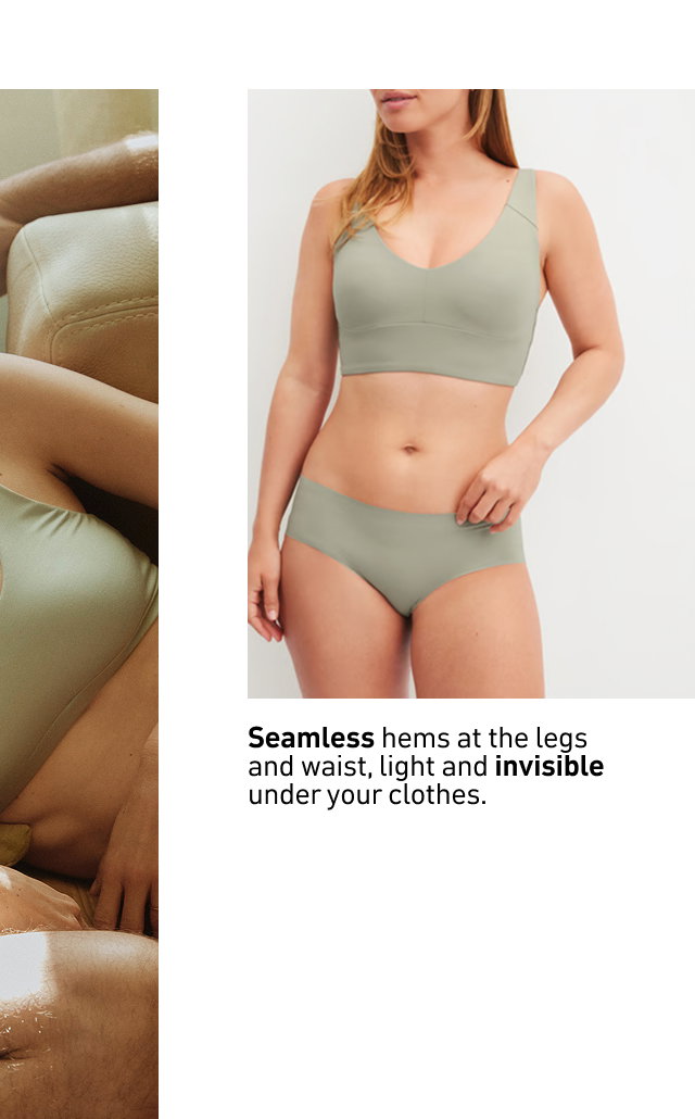 The model is wearing panties and a bustier with adjustable straps, both in Tea Green and from CALIDA's Natural Skin collection.