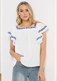 White Embroidered Cotton Square Neck Top
