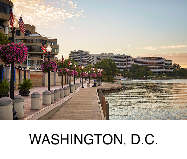 A pathway around the perimeter of a large body of water, an urban cityscape appears in the background. Text reads: Washington, D.C.