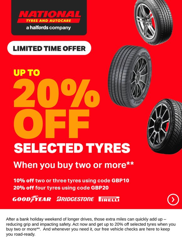 Limited time: up to 20% off tyres ⏳