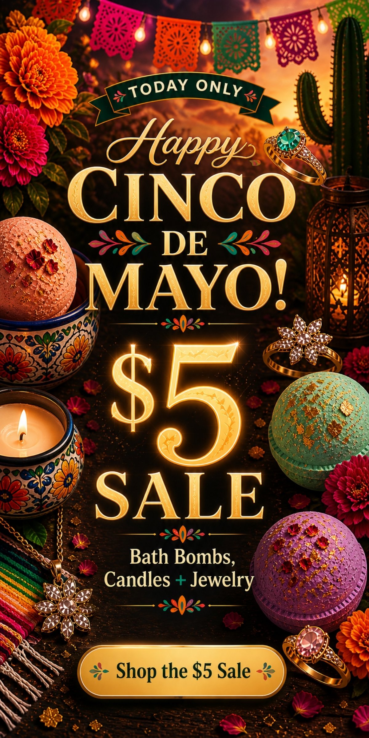 Today Only - Happy Cinco de Mayo $5 Flash Sale: Bath Bombs, Candles + Jewelry - Ends Tonight - Shop the $5 Sale