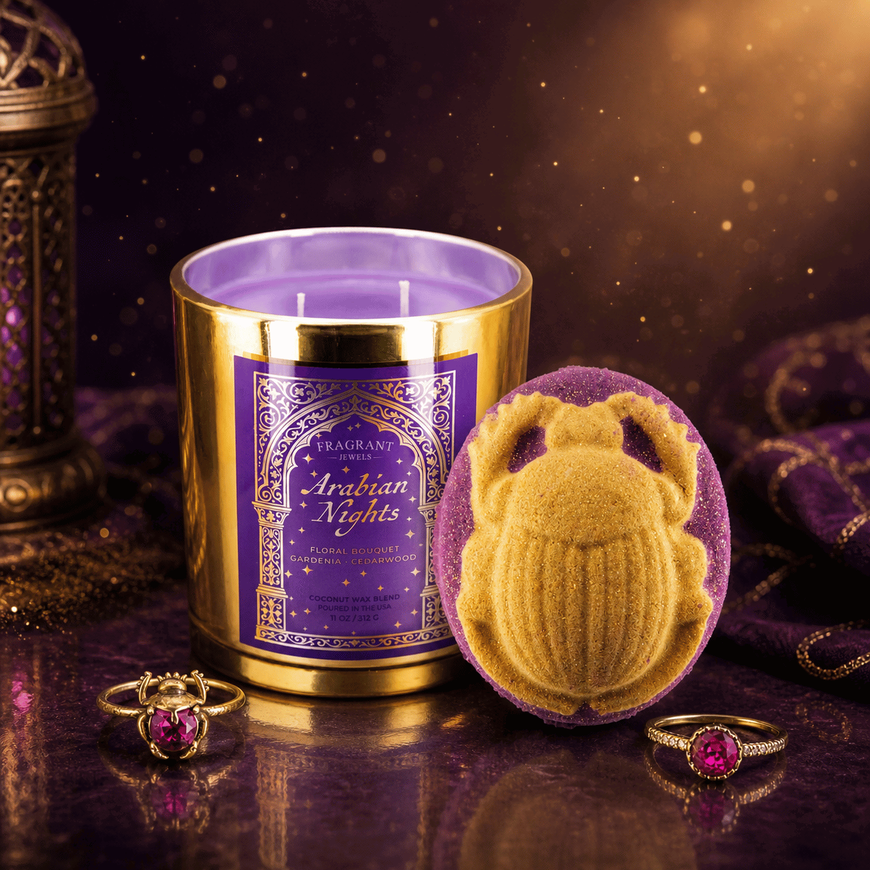 Arabian Nights Golden Candle with Purple Arabesque label and golden and purple scarab beetle bath bomb & two rings