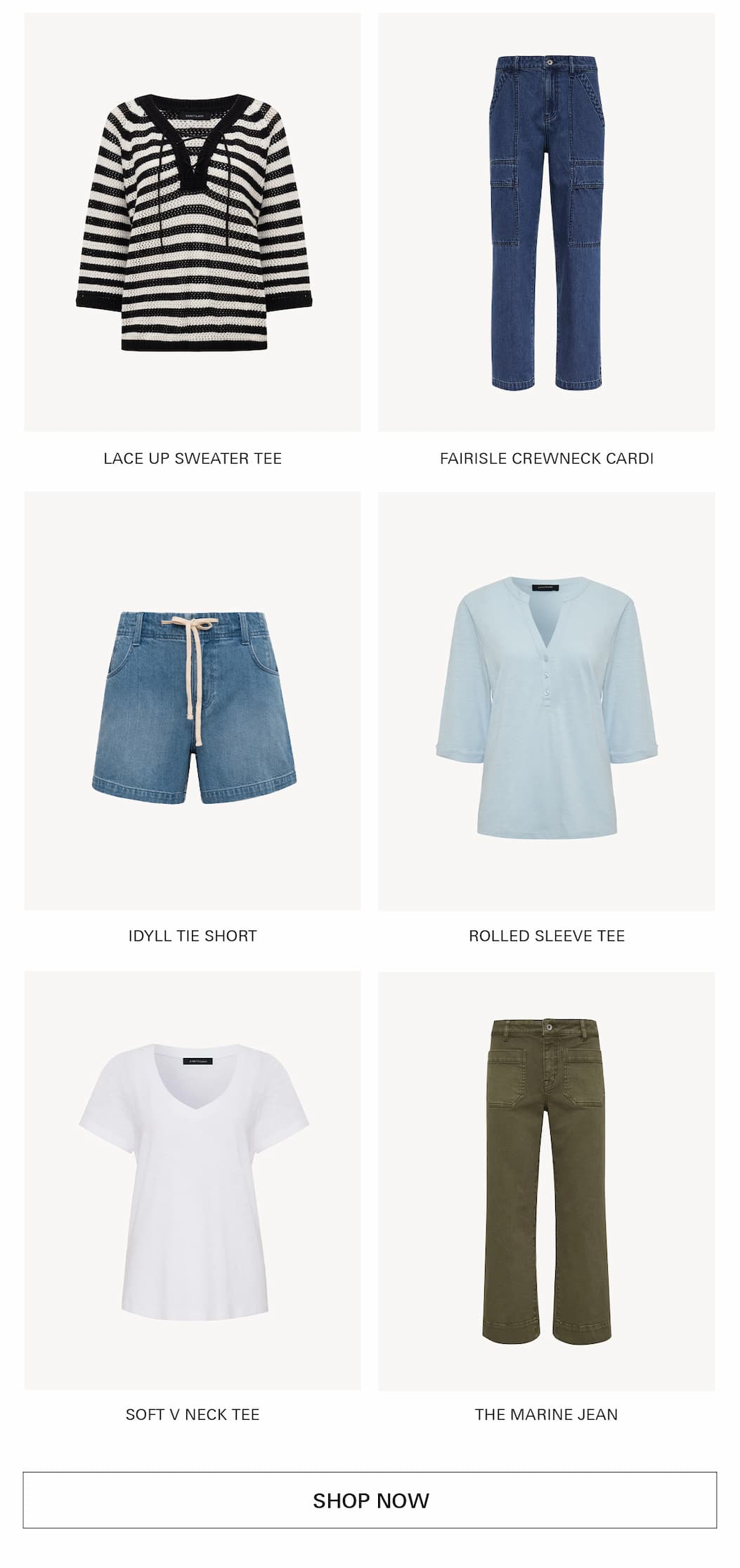 A grid of six casual clothing items: a black-and-white striped sweater tee, blue patchwork jeans, denim shorts with a drawstring, a light blue V-neck top with rolled sleeves, a white V-neck T-shirt, and olive green jeans.