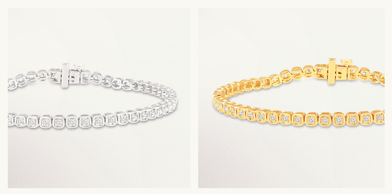 A white metal diamond tennis bracelet and a gold diamond tennis bracelet.