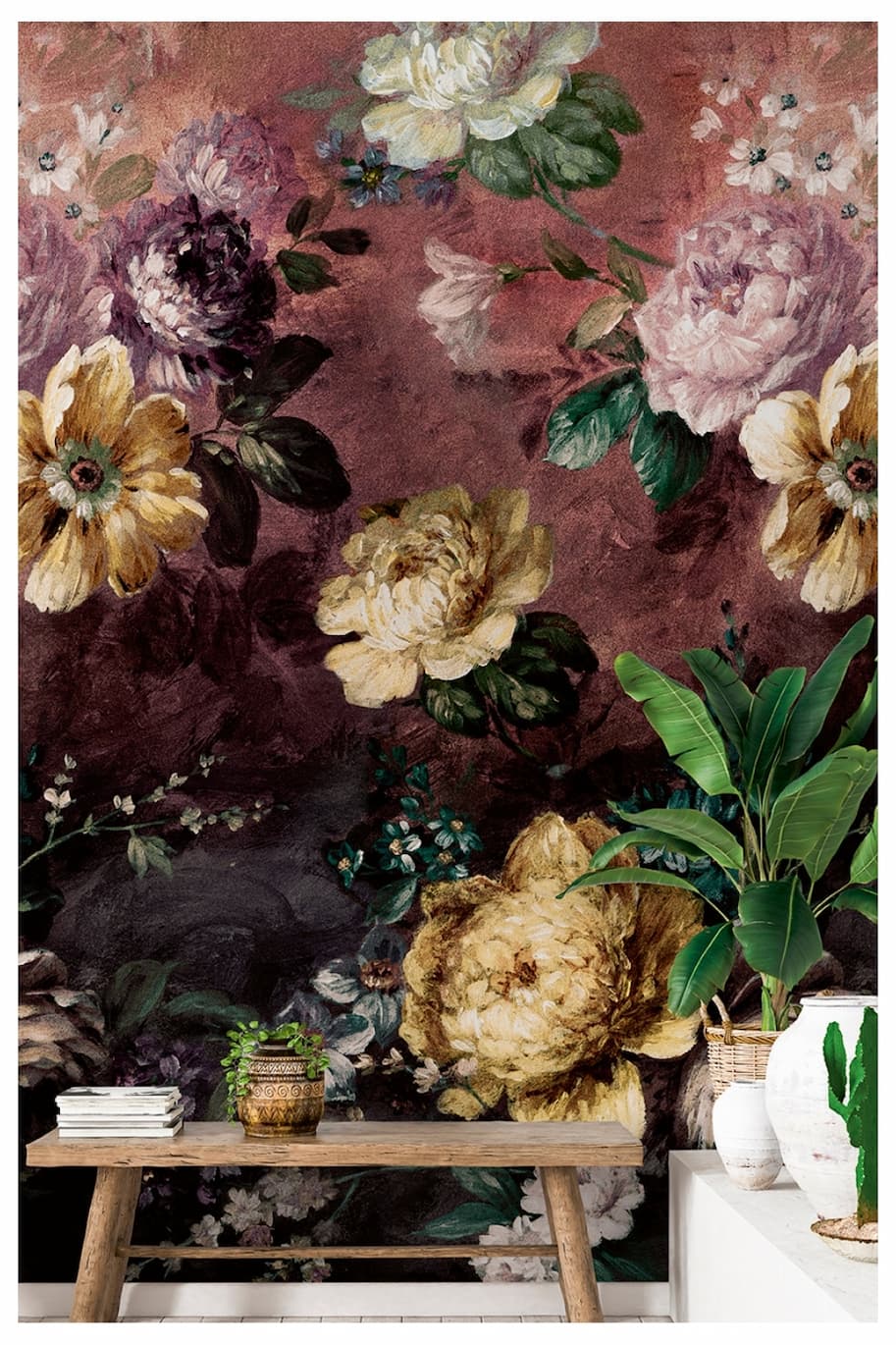 Painted Flowers Wallpaper Burgundy Painted Flower Mural Grandeco A52001
