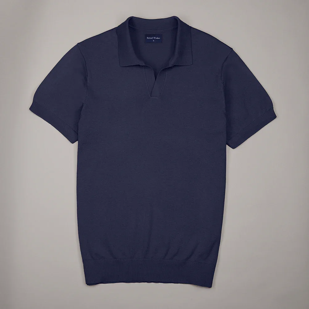 Image of Open Collar Knitted Polo - Navy