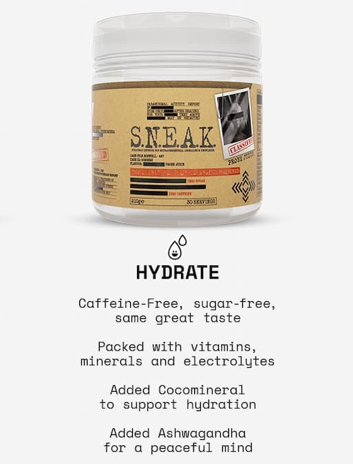 HYDRATE -Caffeine-Free, sugar-free, same great taste -Packed with vitamins, minerals and electrolytes -Added Cocomineral to support hydration -Added Ashwagandha for a peaceful mind