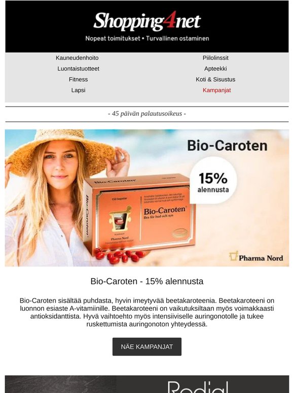 Valmis aurinkoon? Älä missaa 15% alennusta Bio-Caroten ☀️