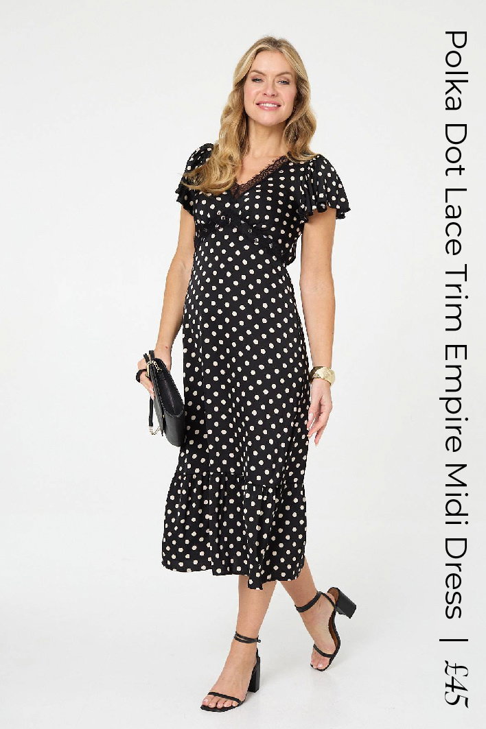 Polka Dot Lace Trim Empire Midi Dress | Shop Now