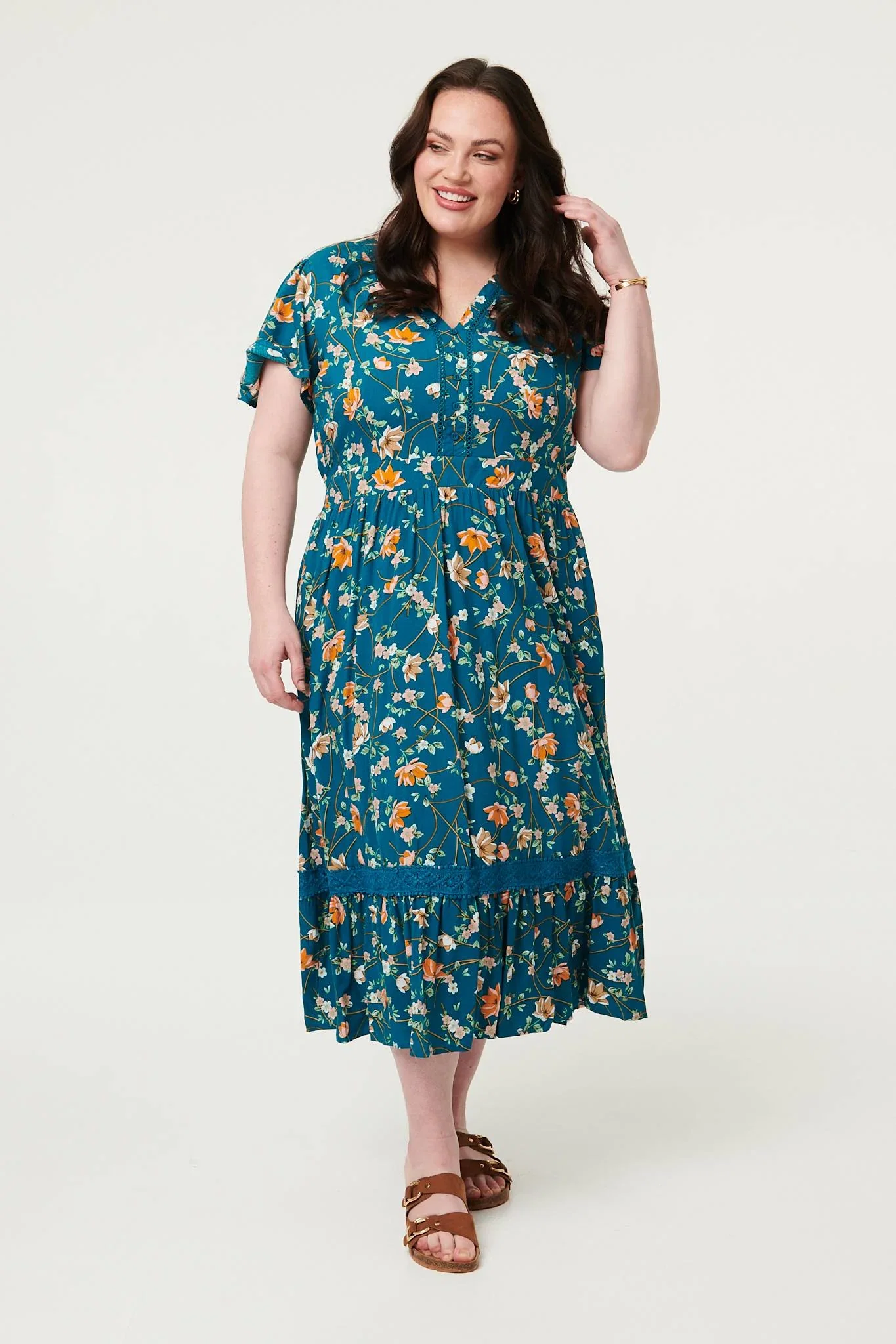 Curve Floral Lace Short Sleeve Midi Dress