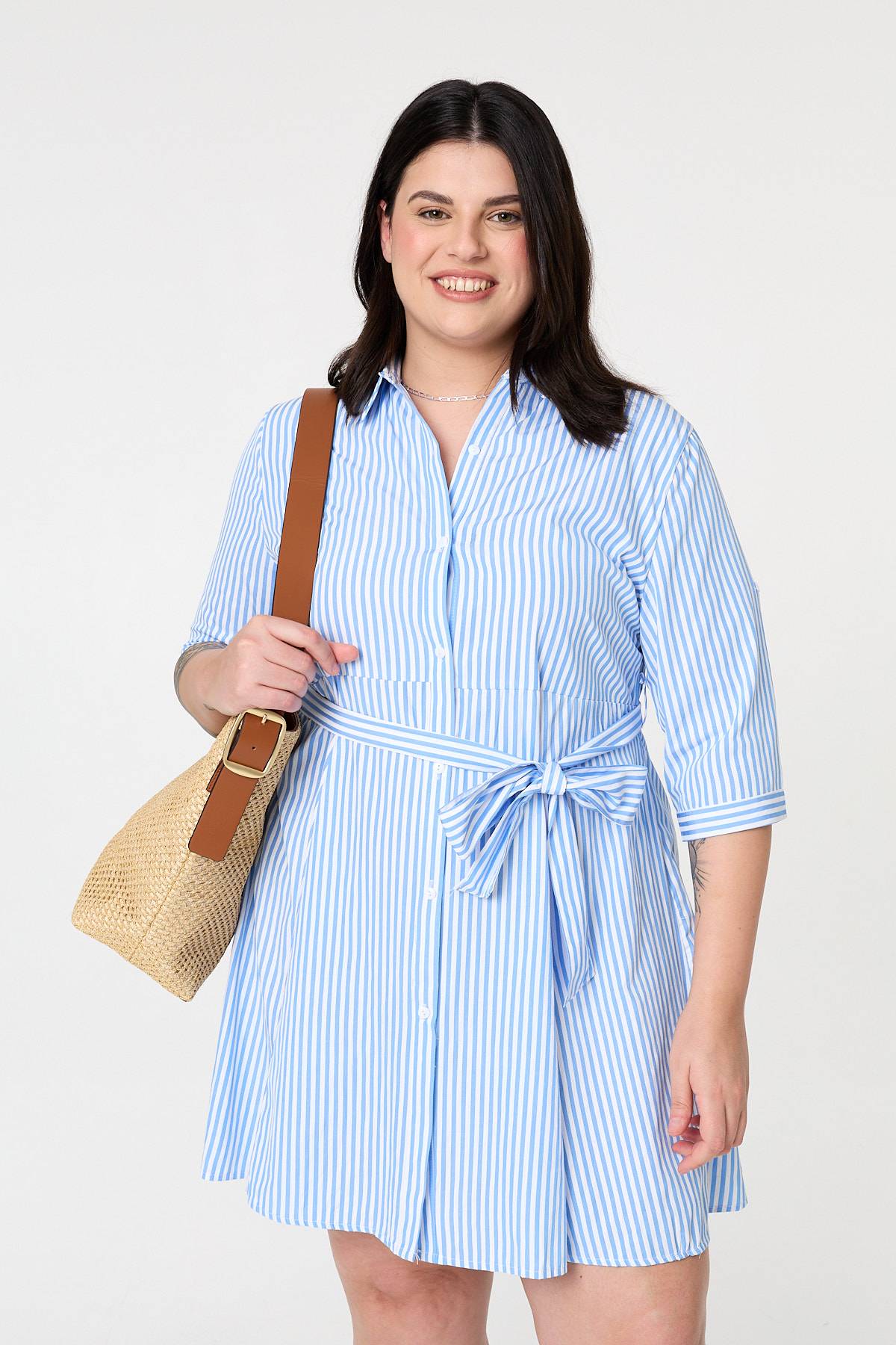 Curve Striped Knee Length Shirt Dress