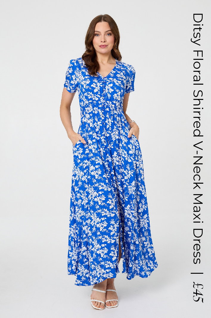 Ditsy Floral Shirred V-Neck Maxi Dress | Shop Now